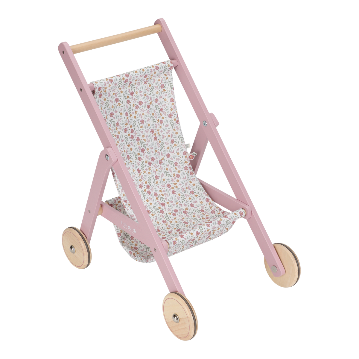 Little Dutch houten poppenbuggy roze met zitje in Soft Flowers-bloemenprint