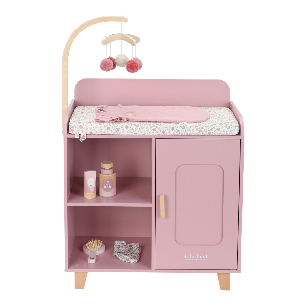 Little Dutch houten poppencommode roze met aankleedkussen en mobiel