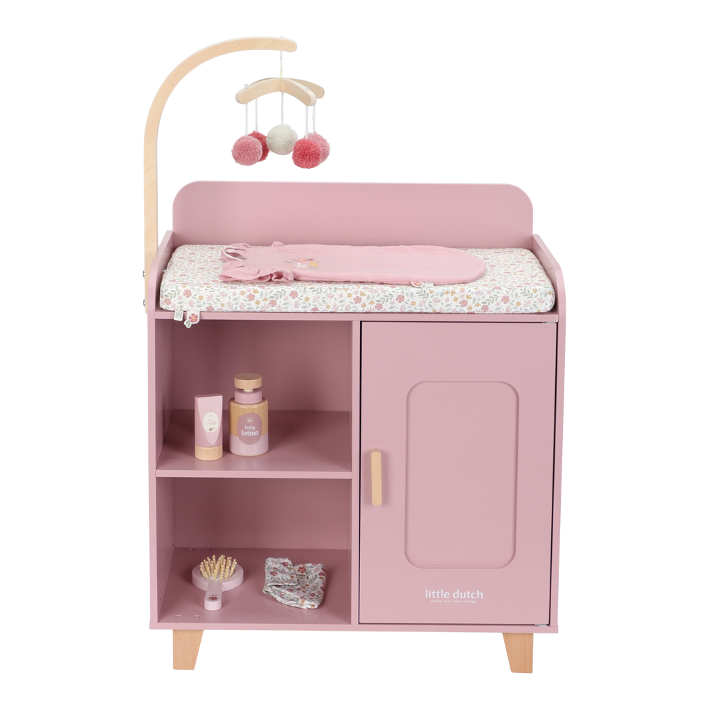 Little Dutch houten poppencommode roze met aankleedkussen en mobiel