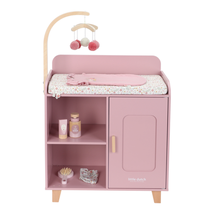 Little Dutch houten poppencommode roze met aankleedkussen en mobiel