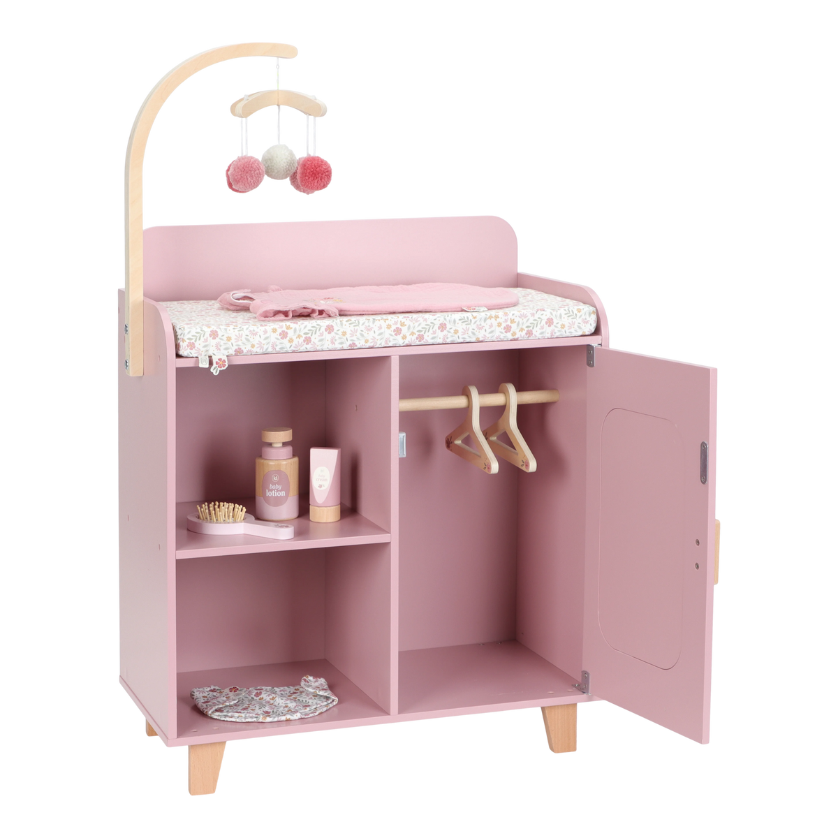 Little Dutch houten poppencommode roze met aankleedkussen en mobiel