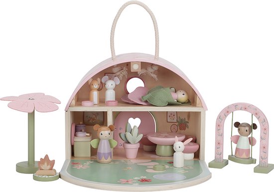 Little Dutch houten feeënhuisje Fairy Garden, opengeklapt met inrichting en boompje