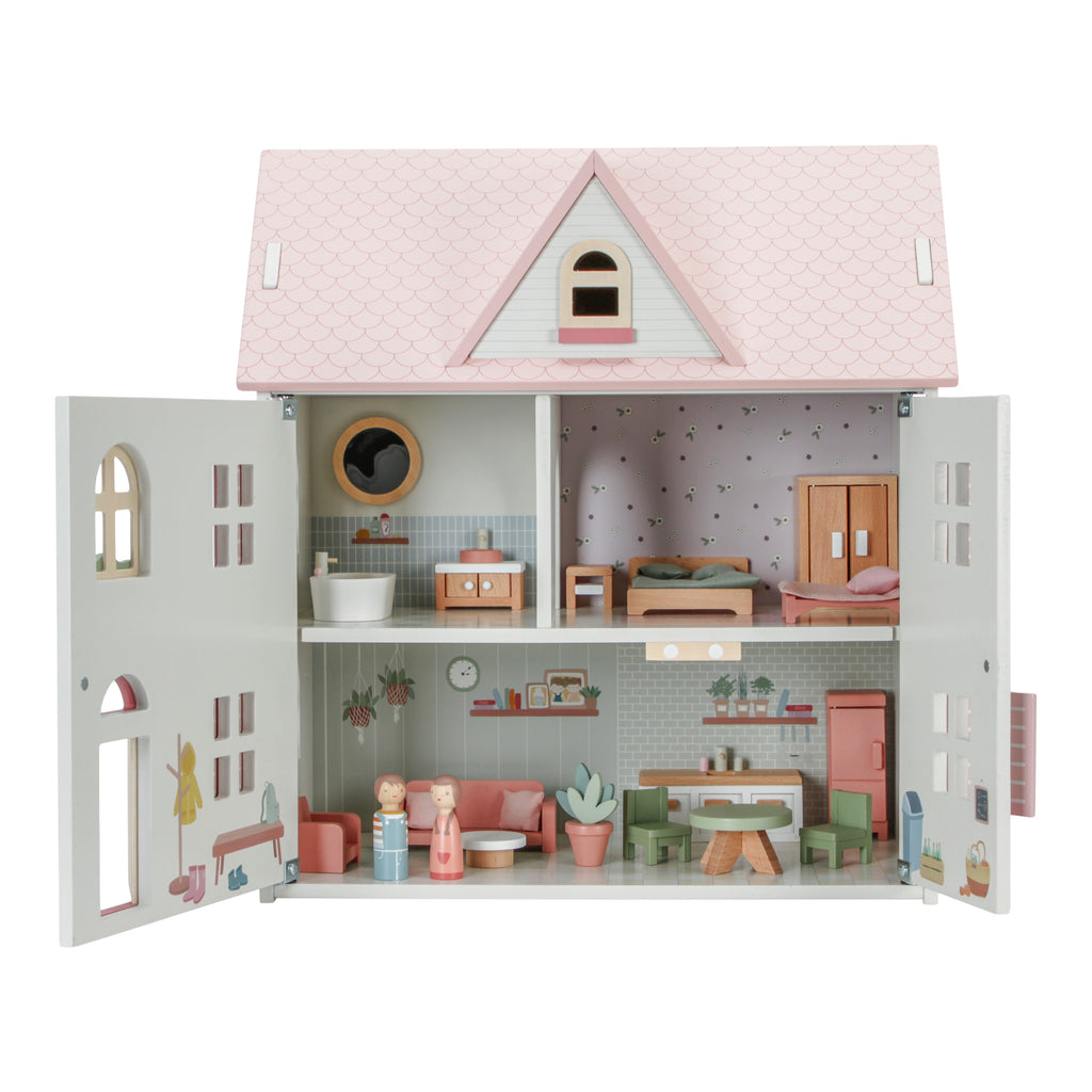 Little Dutch houten poppenhuis medium roze, open en volledig ingericht