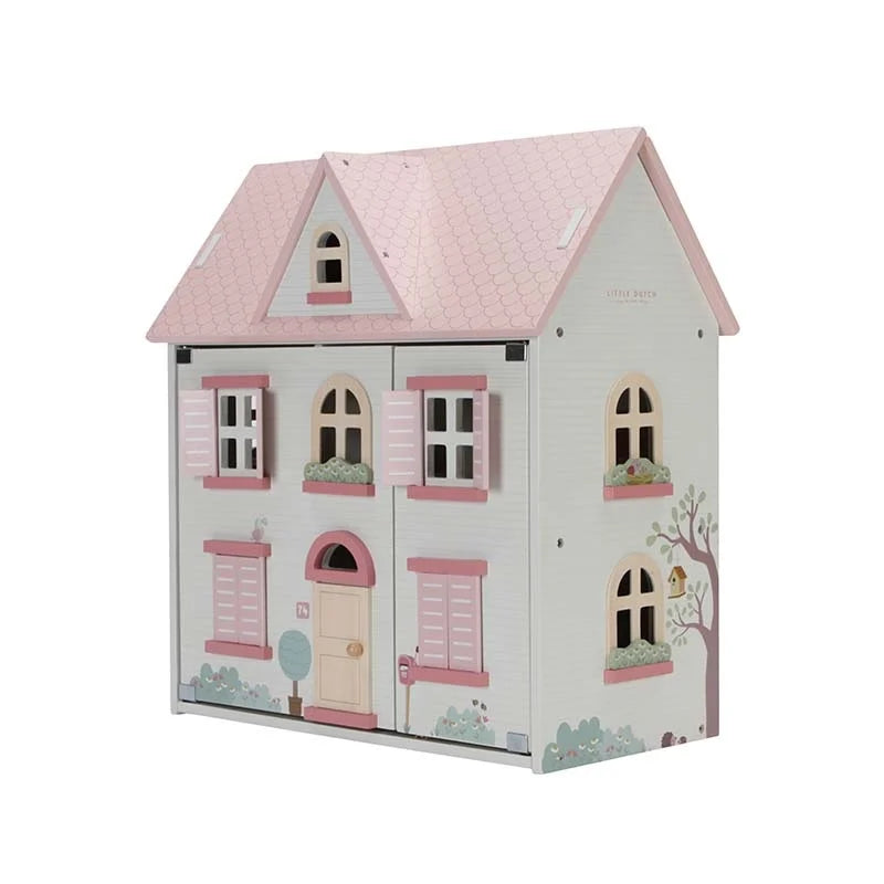 Little Dutch houten poppenhuis medium roze, gesloten schuin vooraanzicht