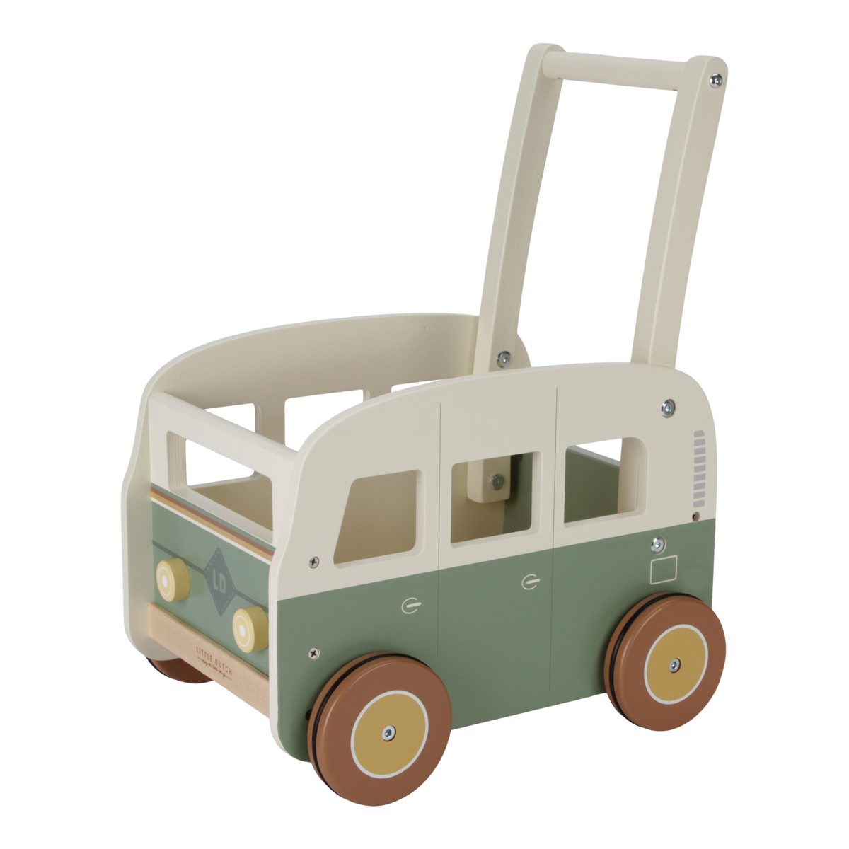 Little Dutch houten vintage duwkar loopwagen groen in busvorm, schuin vooraanzicht