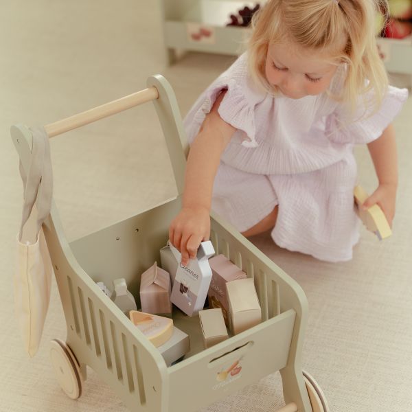 Little Dutch houten winkelwagen mint met shopper en boodschappen