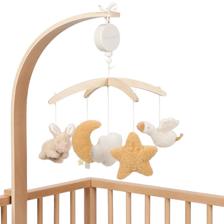 Little Dutch houten muziekmobiel Newborn Naturals, mobiel aan het ledikant met wolk, konijn, gans, ster en maan