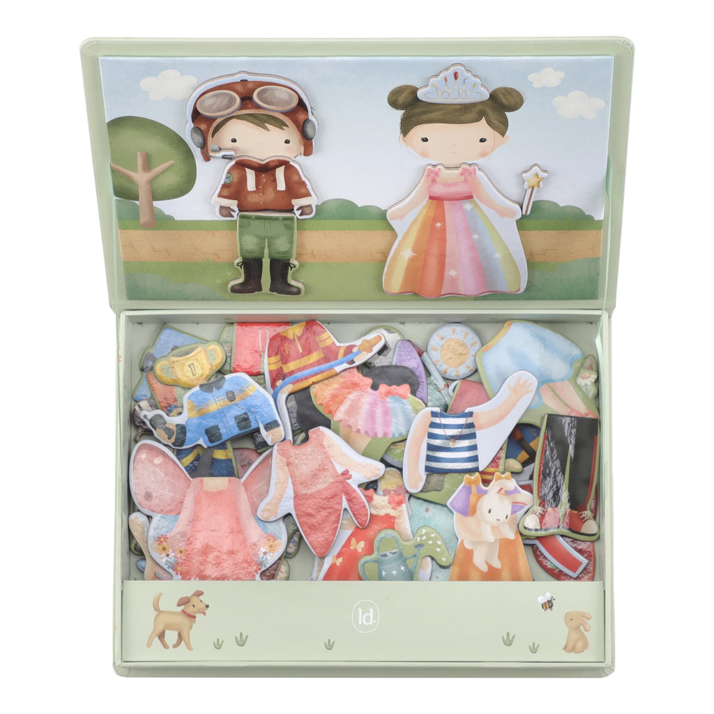 Little Dutch magnetisch speelbord Dress-Up Jim en Rosa, geopend met verkleedmagneetjes