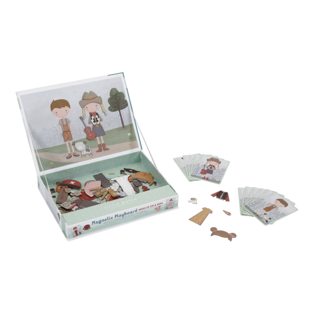 Little Dutch meeneemmagneetset Dress Up Jim en Rosa, open speelbord met magneetjes