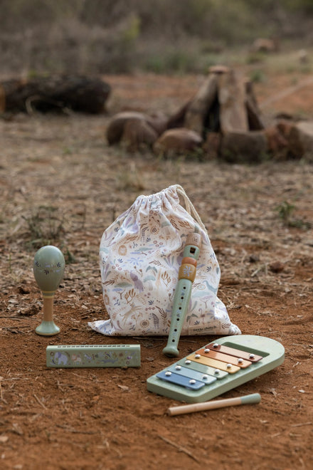 Little Dutch muziekset Safari Friends groen, instrumenten buiten op de grond