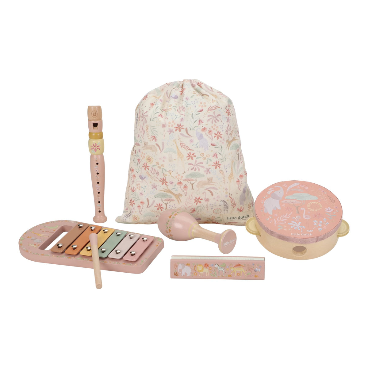 Little Dutch muziekset Safari Friends roze, set met opbergzakje