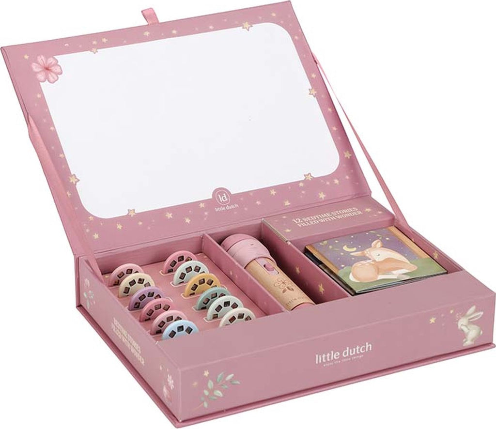 Little Dutch verhalen projector zaklamp Fairy Garden roze, open doos met zaklamp en verhaalschijfjes