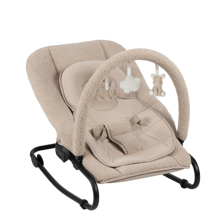 Little Dutch wipstoeltje met speeltjes beige, wipstoel met zwart frame en speelboog