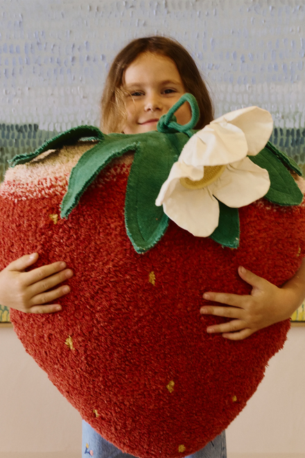 Detail van de geborduurde pitjes van het aardbeienkussen