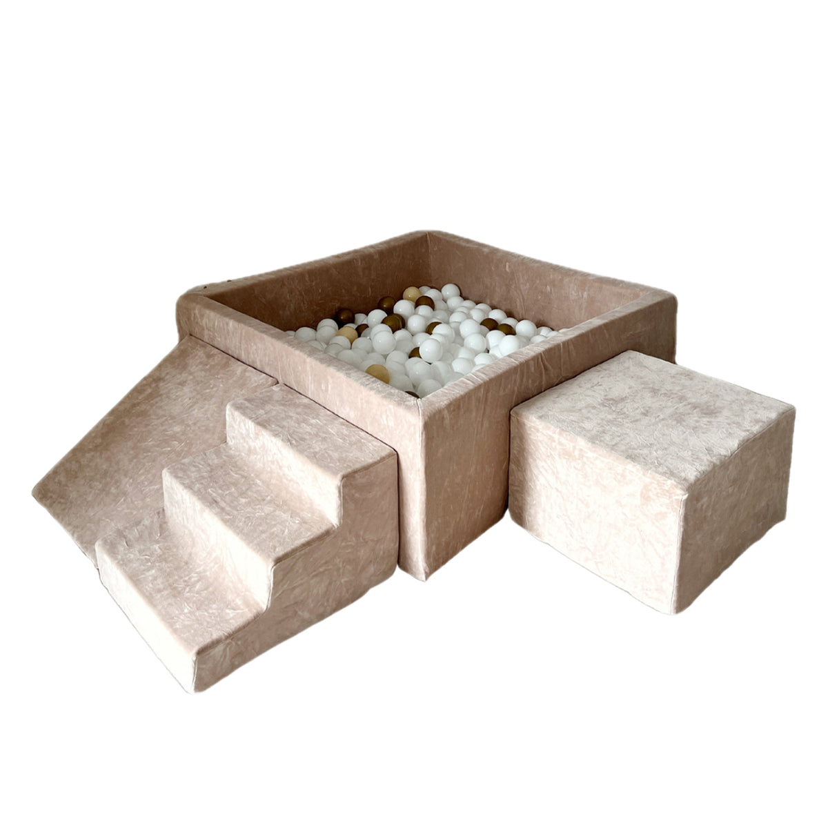 Moje vierkant ballenbad met playset Soft Velvet beige, trap, glijhelling en blok op witte achtergrond