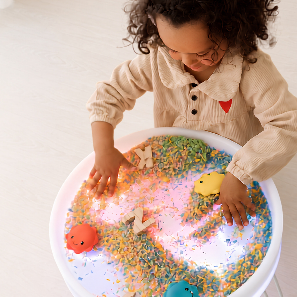 Sense2Play Lumi'Sense interactieve sensorische lichttafel, kind speelt met speelrijst en figuurtjes
