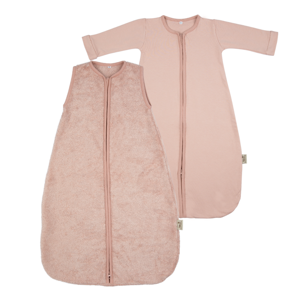 Timboo 4-seizoenen slaapzak bamboe babymaat Misty Rose, binnen- en buitenslaapzak naast elkaar