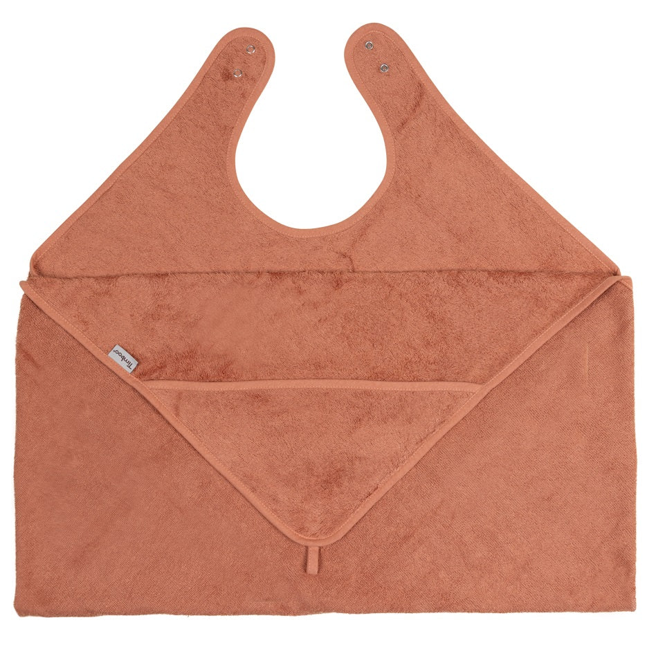 Timboo badcape ouder/baby bamboe Sunrise Orange, knuffelhanddoek met halsopening plat uitgelegd