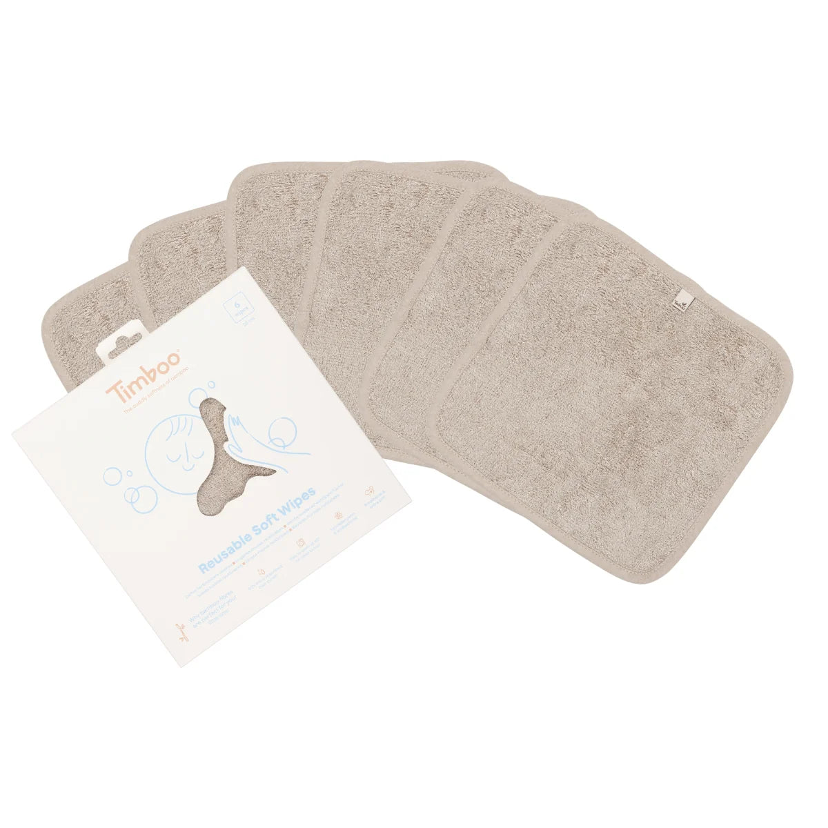 Timboo herbruikbare doekjes bamboe Feather Grey, zes doekjes met verpakking