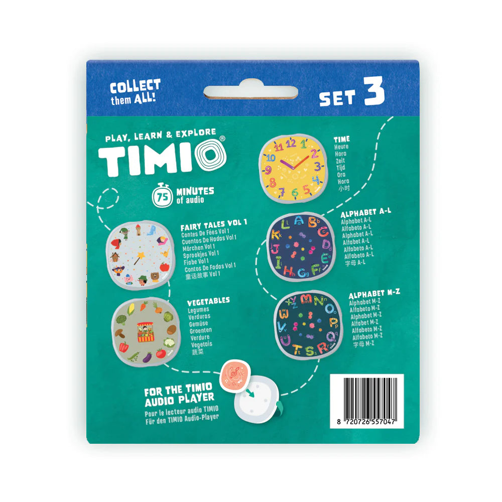 Timio uitbreidingset 3, verpakking met de vijf discs ervoor uitgespreid