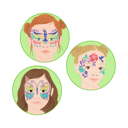 Face Paint Rio de Janeiro van Djeco met metallic oogschaduw en schminkpotlood, De Gele Flamingo