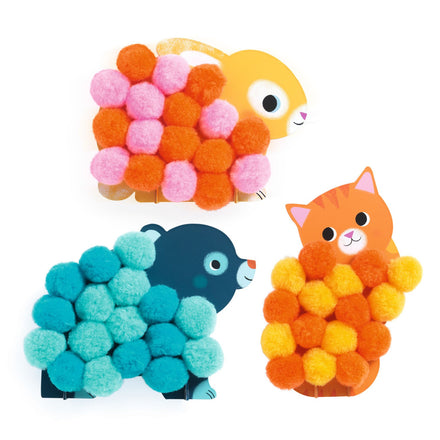 Djeco Pompomcollage Dieren met 6 steuntjes om de dieren rechtop te zetten, De Gele Flamingo