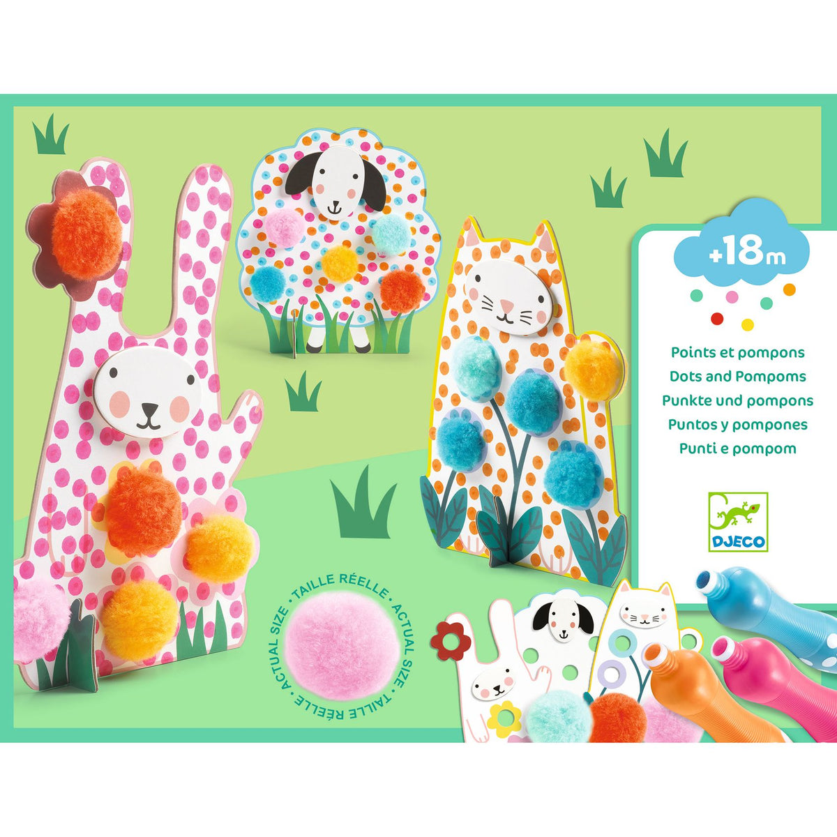 Djeco Knutselset Puntjes & Pompons In het Gras bij De Gele Flamingo, met 3 dubbelzijdige dieren