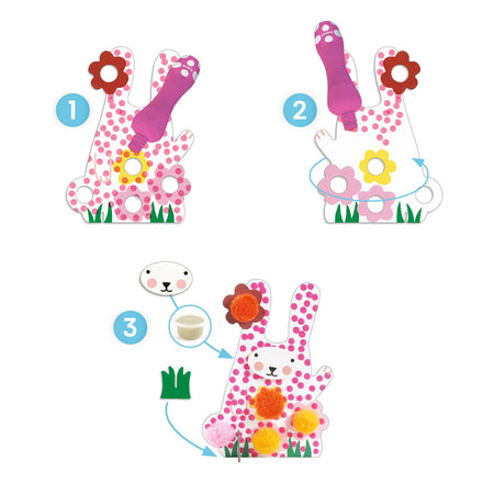 Knutselset Puntjes & Pompons In het Gras van Djeco met potje boetseerklei, De Gele Flamingo