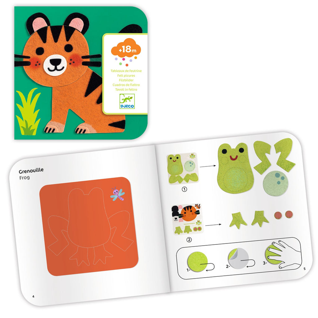 Djeco Knutselset Viltborden Zachte Dieren, collage met zachte viltstickers bij De Gele Flamingo