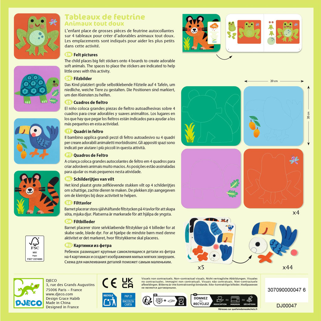 Djeco Viltborden Zachte Dieren met stickers die kleine handjes zelf vastnemen, De Gele Flamingo