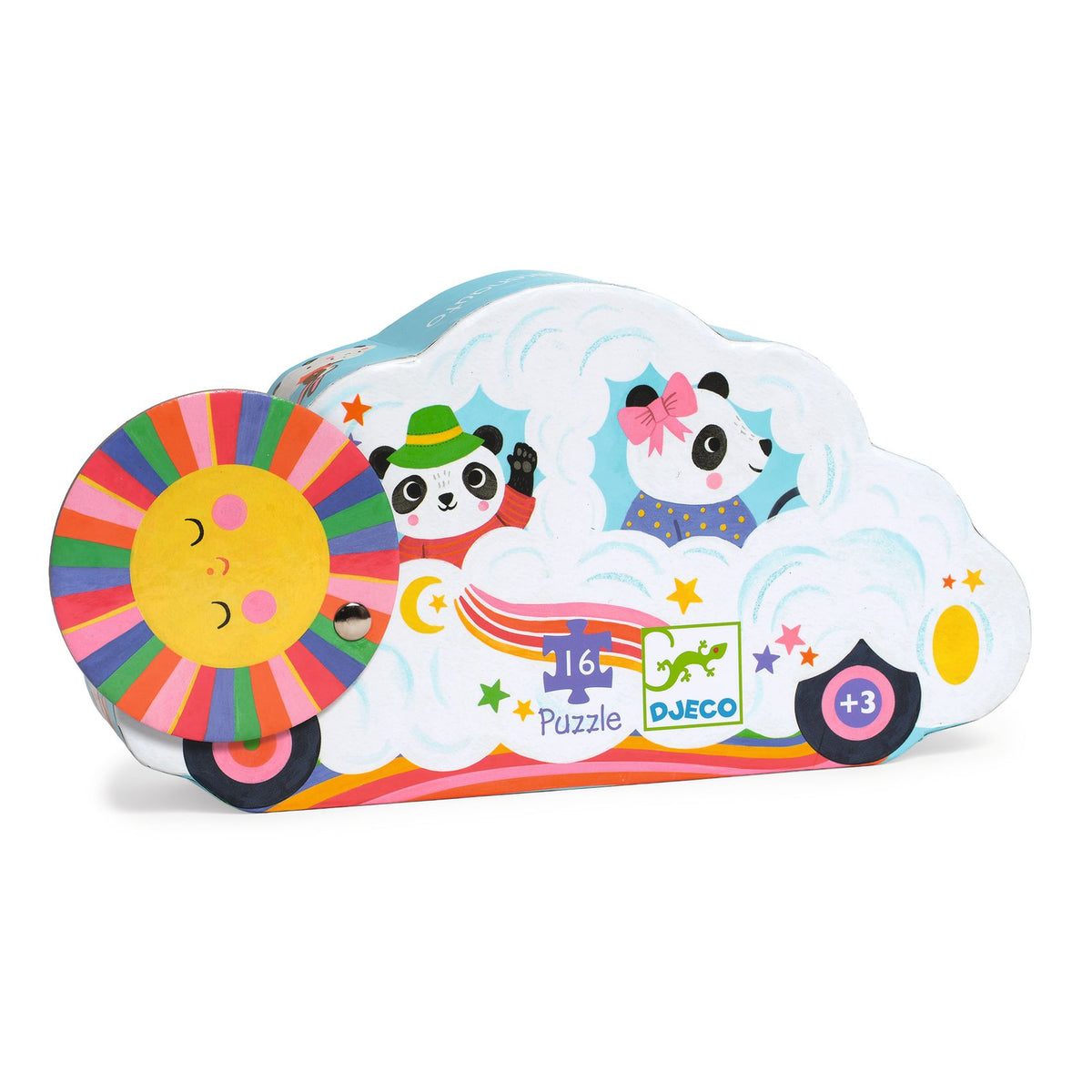 Djeco Puzzel 16st Wolkenauto bij De Gele Flamingo, kinderpuzzel van 25 x 25 cm met panda's