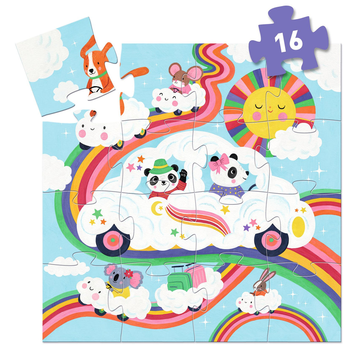 Djeco Puzzel 16st Wolkenauto bij De Gele Flamingo, kinderpuzzel van 25 x 25 cm met panda's