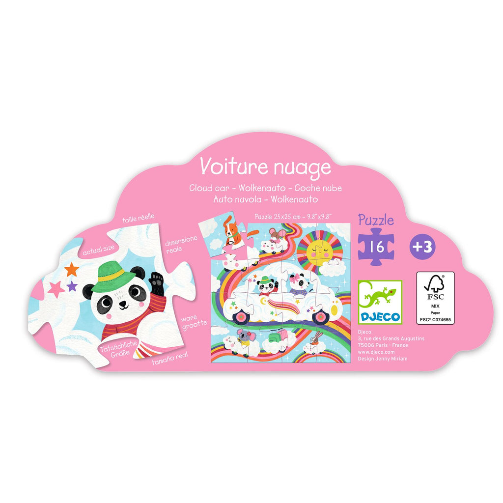 Puzzel 16st Wolkenauto van Djeco met regenboogweg en mama Panda, puzzelen De Gele Flamingo