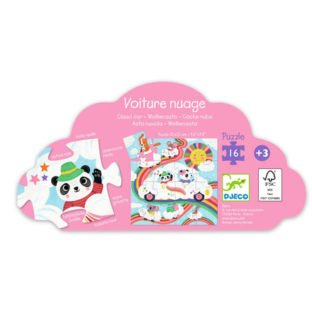 Puzzel 16st Wolkenauto van Djeco met regenboogweg en mama Panda, puzzelen De Gele Flamingo