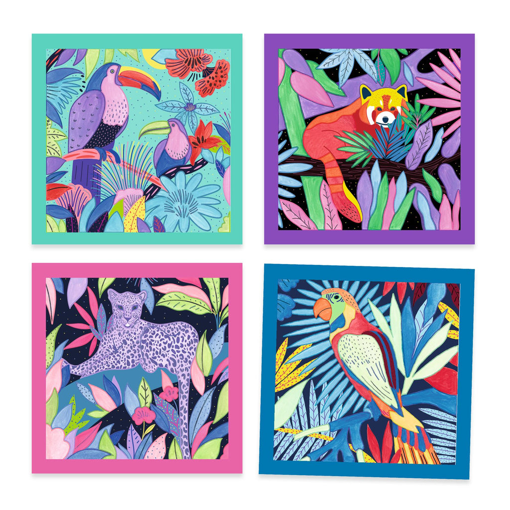 Djeco schilderspalet Selva met 4 gekleurde lijsten voor de kunstwerken, De Gele Flamingo