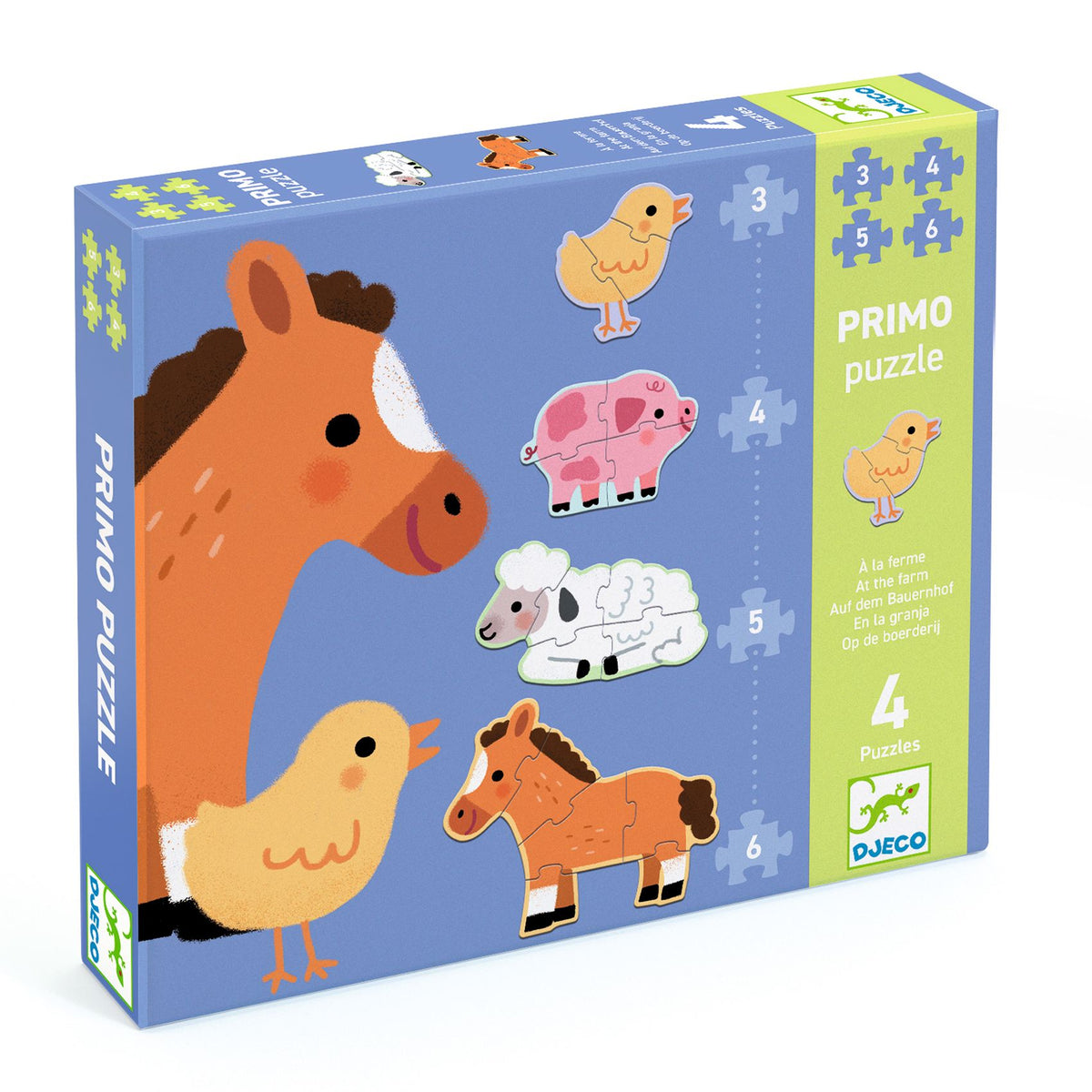 Djeco Set van 4 Puzzels Op de Boerderij bij De Gele Flamingo, met 3, 4, 5 en 6 stukjes