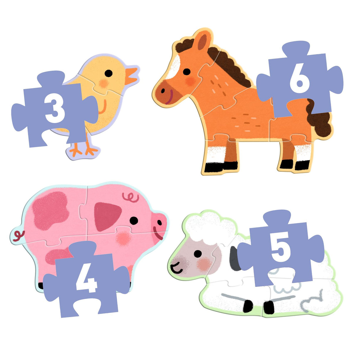 Djeco Set van 4 Puzzels Op de Boerderij bij De Gele Flamingo, met 3, 4, 5 en 6 stukjes
