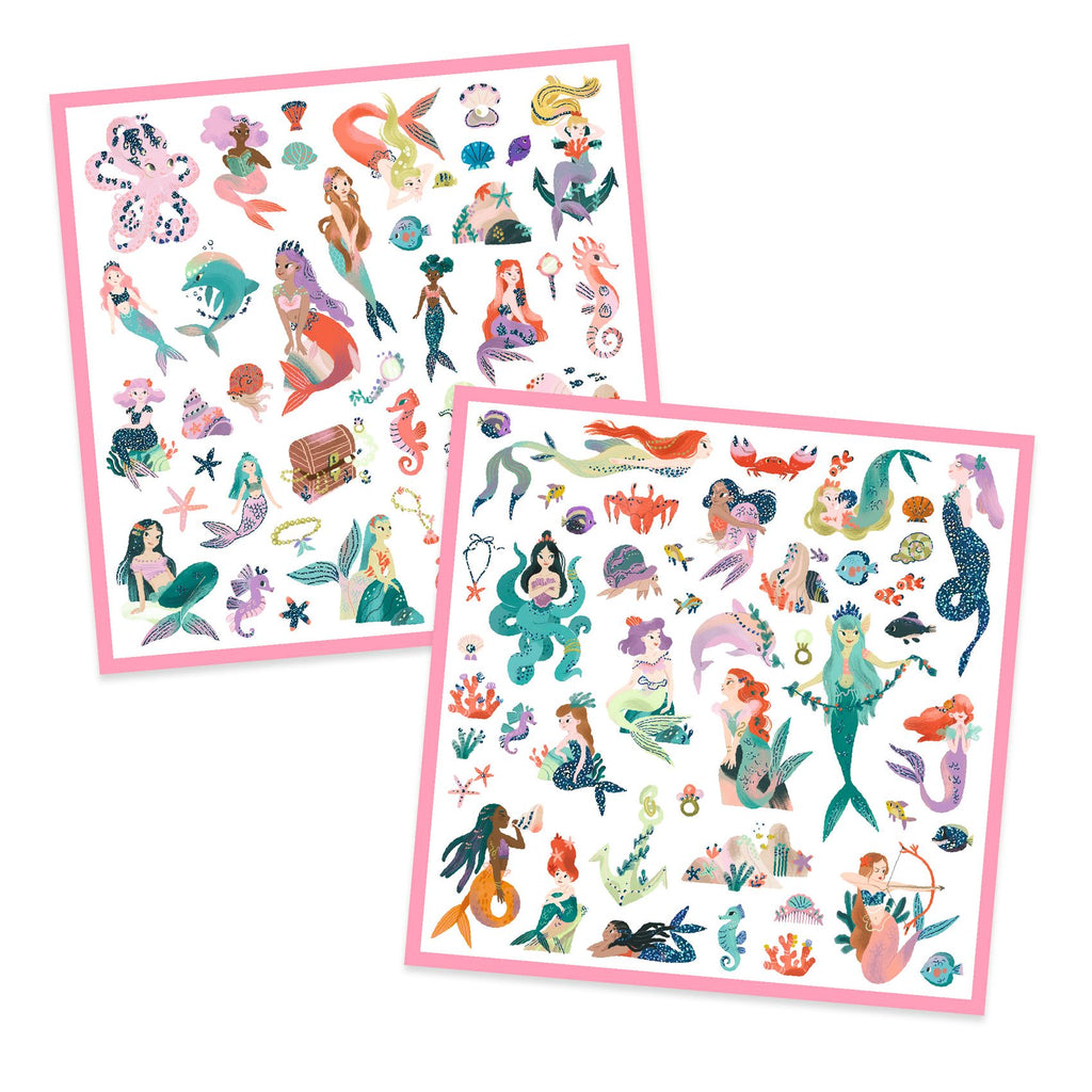 Stickerset Glinsterende Zeemeerminnen van Djeco met 2 stickervellen in duplo, De Gele Flamingo