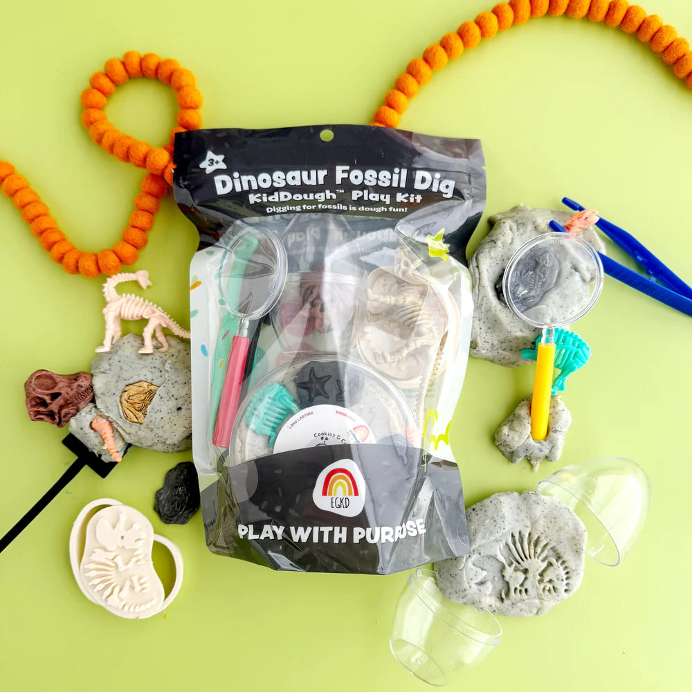 Earth Grown KidDoughs Klei Speelset Dino Fossiel met speelklei om fossielen op te graven, De Gele Flamingo