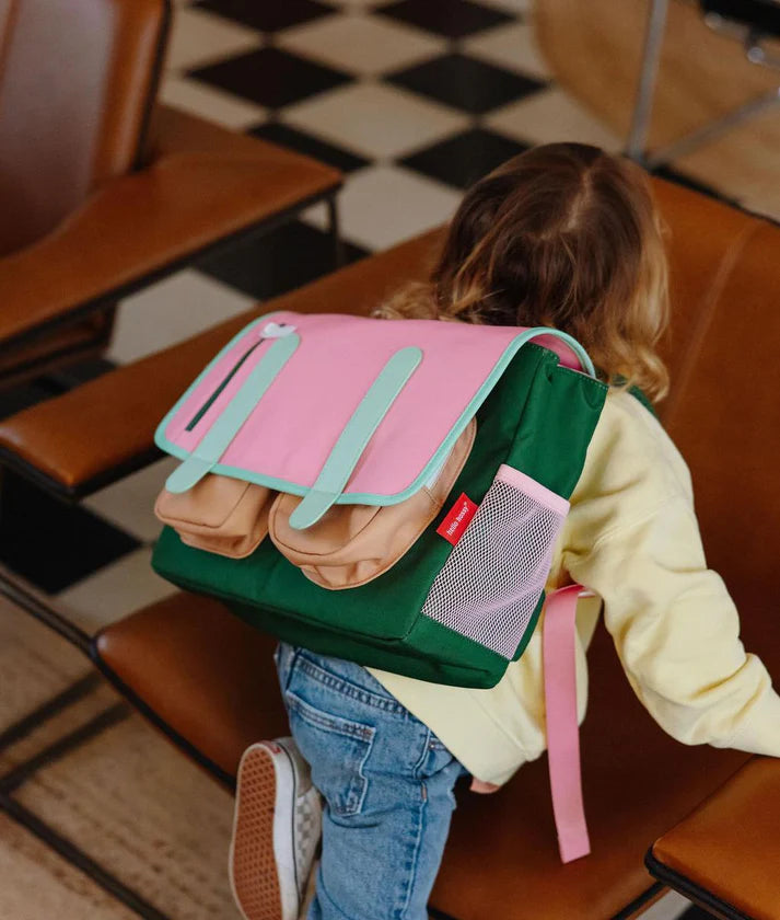 Hello Hossy Boekentas Mini Bubblegum 2-5Y met buitenvak voor een drinkfles, De Gele Flamingo