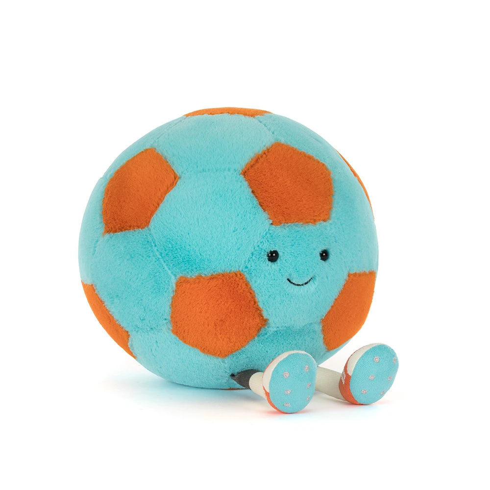 Jellycat Knuffel Amuseables Football in blauw en oranje, te koop bij De Gele Flamingo.