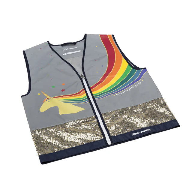 Jeune Premier Bodyglower Fluo Vest in Unicorn Gold met glanzende stof en gouden engeltjes, bij De Gele Flamingo.