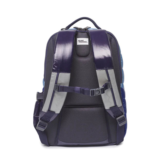 Jeune Premier New Bobbie rugzak Puffer Blue schuine ritssluiting in detail