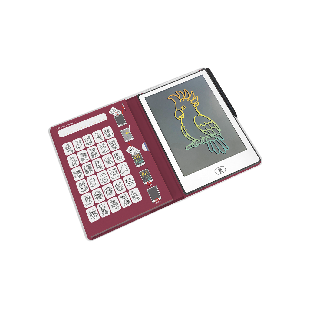 Kidywolf Kidydraw-Mini Tablet 30 Tekeningen Tekenbord Huisdieren, het tekenbord opengeklapt