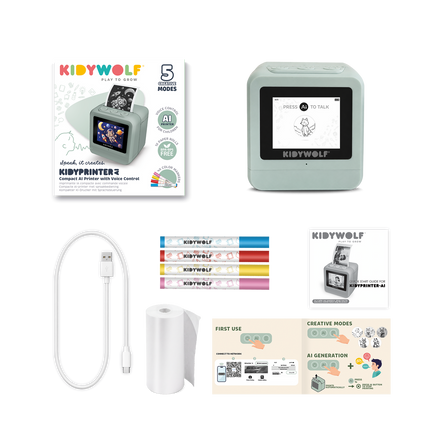 Kidywolf Kidyprinter AI Creatieve Printer Zonder Inkt, de inhoud van de doos