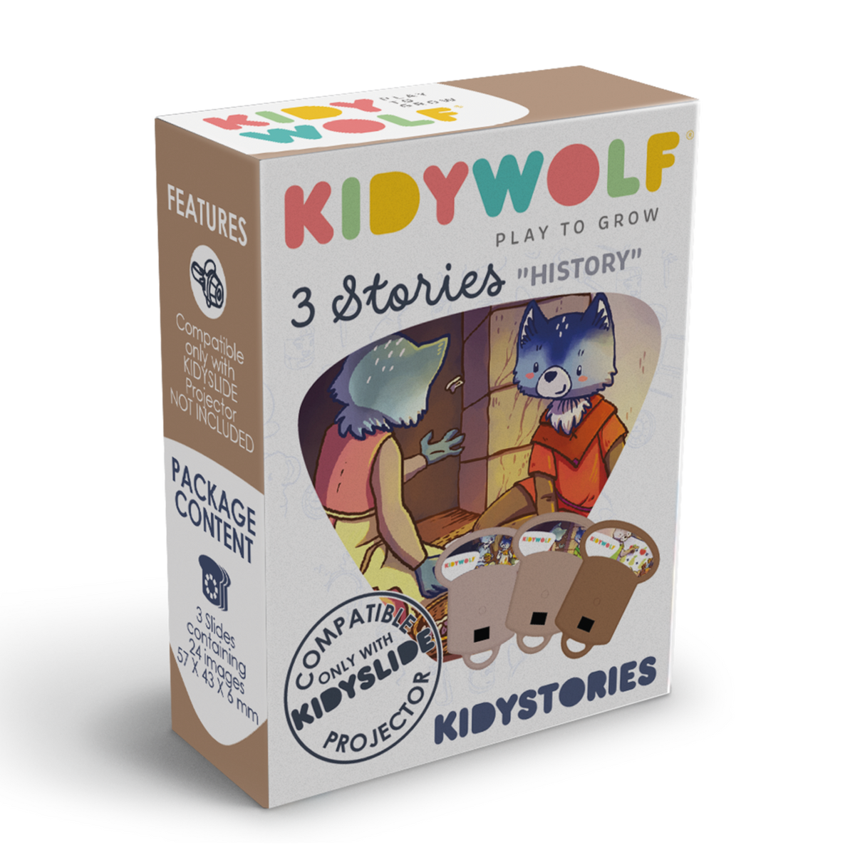 Kidywolf Kidystories History - verpakking met verhaalschijfjes voor Kidyslide