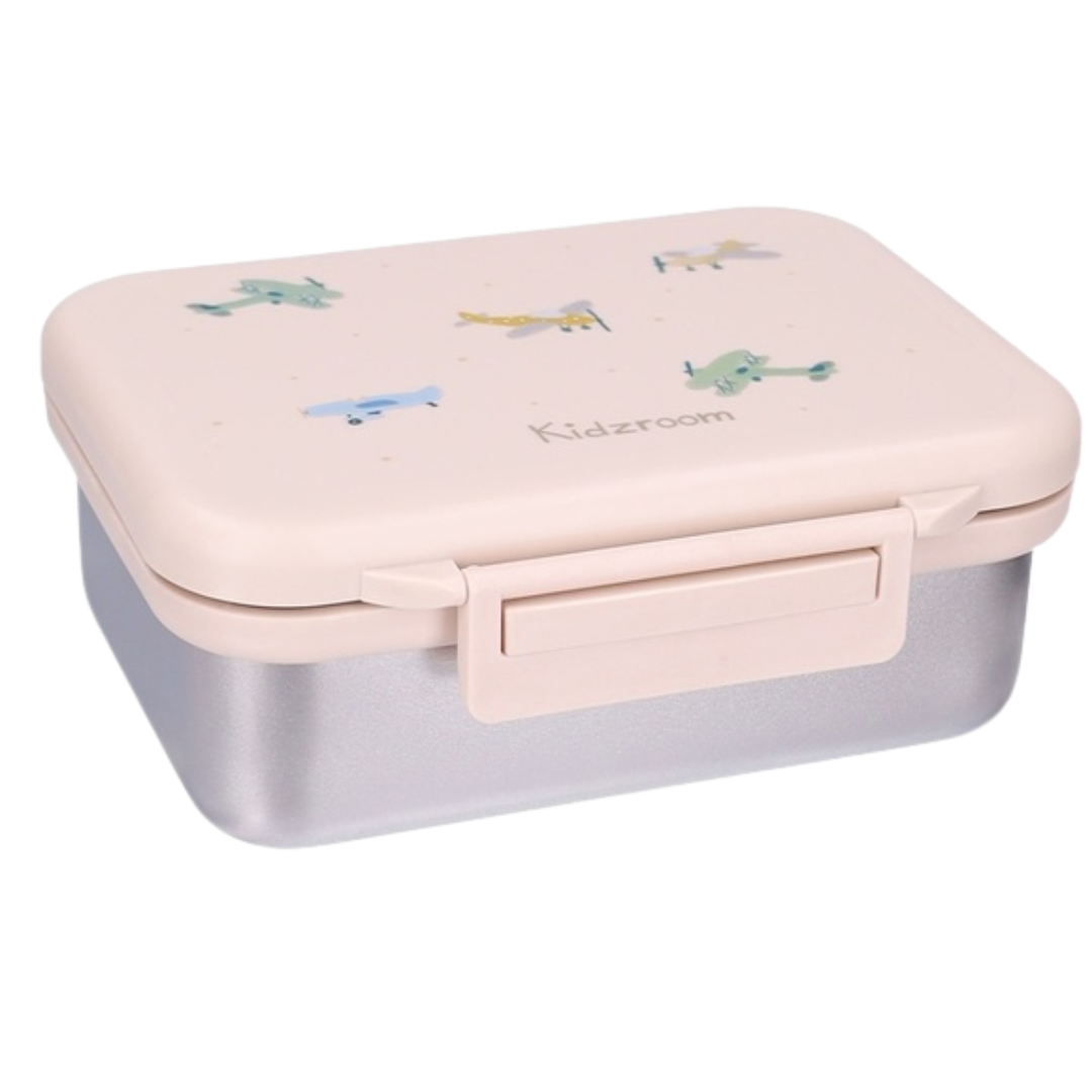 Kidzroom RVS brooddoos Small Talk Beige met vliegtuigjes op het deksel, bij De Gele Flamingo