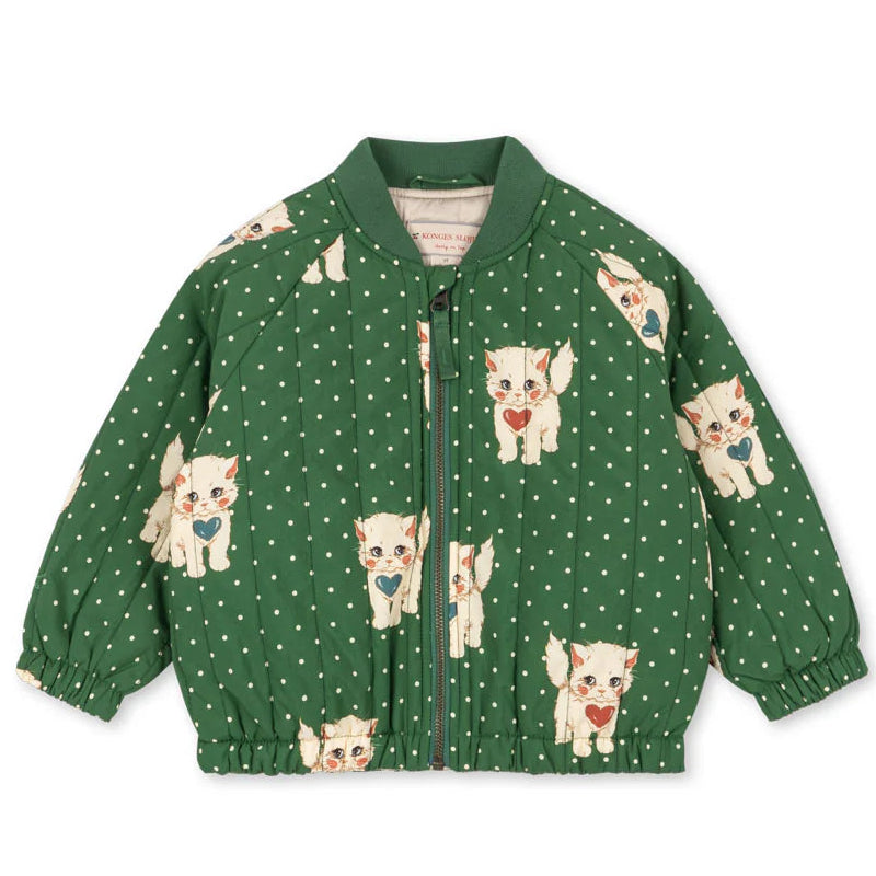 Konges Sløjd Juno Printed Bomber Jas in Dot Miao Verde, lichte thermojas voor kinderen, bij De Gele Flamingo