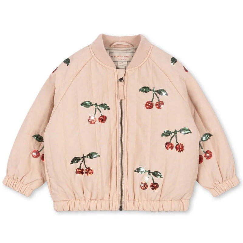 Konges Sløjd Juno Sequin Bomber Jas in Cameo Rose, lichte thermojas met kersen, bij De Gele Flamingo