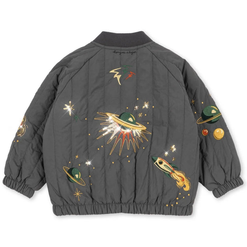 Konges Sløjd Juno Sequin Bomber Jas in Magnet met planetenprint, lichte thermojas, bij De Gele Flamingo